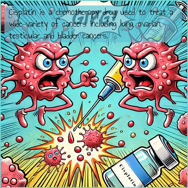 Cartoon style image to show the use of cisplatin as an anticancer drug